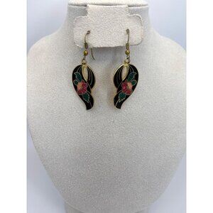 Vintage Gold Tone Cloisonne Floral Dangle Earrings Black with Pink and Green